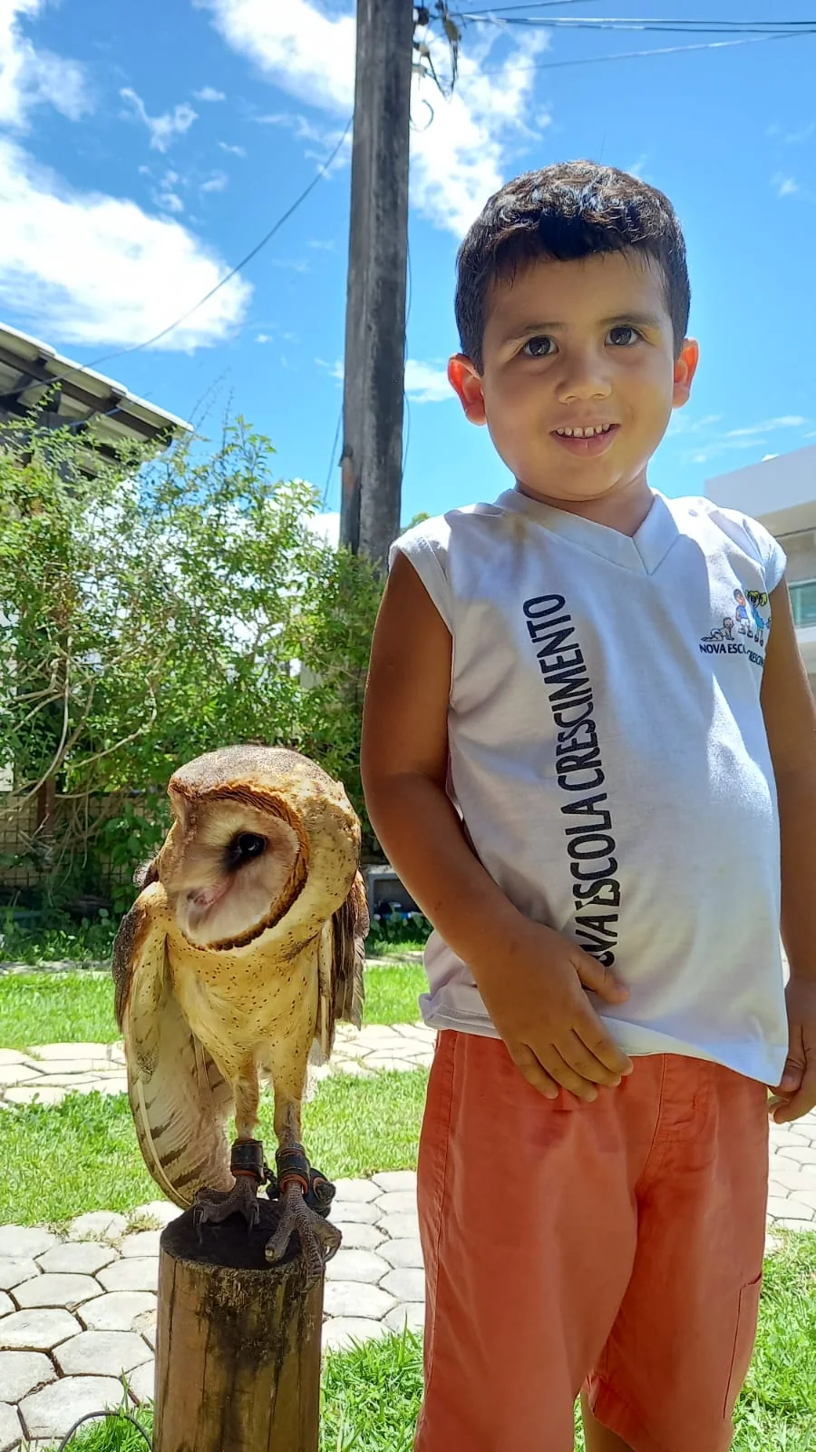 Criança em vivência com coruja suindara