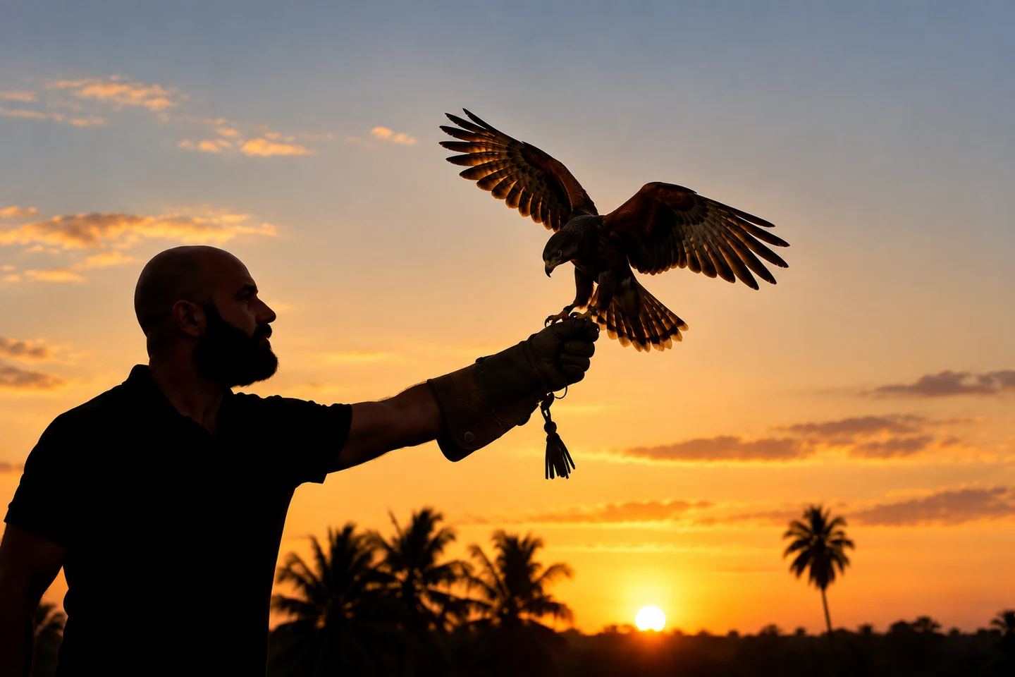 Falcoeiro com ave de rapina ao pôr do sol